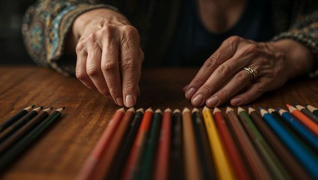 Mature hands arranging colored pencils on wooden table for creative therapy and art