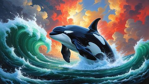 Vibrant orca killer whale breaching amongst dramatic waves and skies