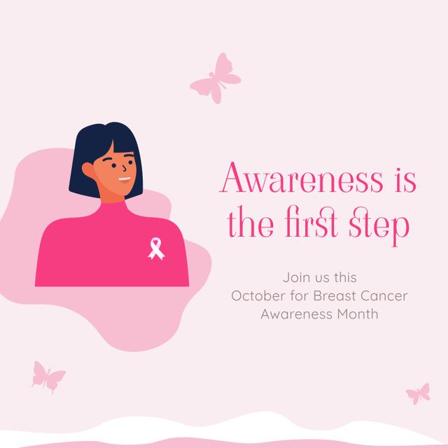 Breast Cancer Awareness Month Poster with Smiling Woman in Pink Shirt - Download Free Stock Templates Pikwizard.com