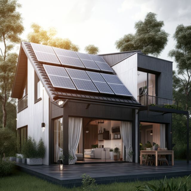 This image depicts a modern, sustainable home equipped with solar panels on the roof, bathed in the soft glow of sunset. It emphasizes environmental consciousness and contemporary design, ideal for promoting green energy solutions, smart home technology, or real estate advertisements focused on sustainable living.