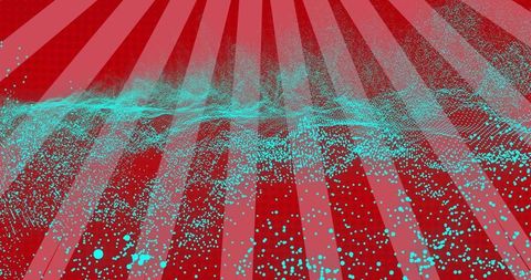 Teal particle wave flowing across red striped backdrop, digital mesh futuristic data field