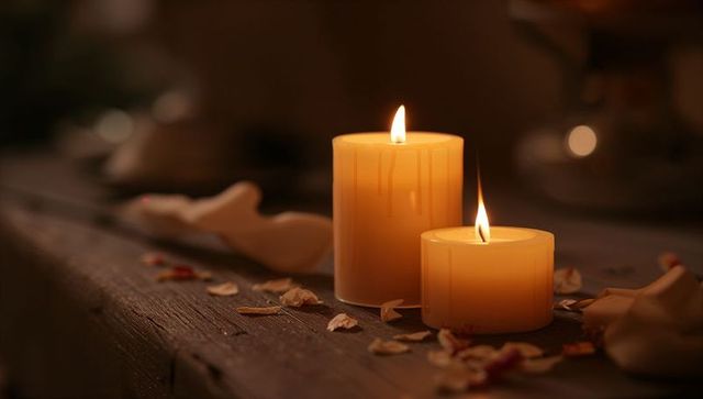 Warm candlelight glow on rustic wood with melting wax and scattered potpourri for cozy home decor
