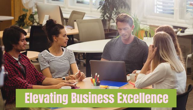 Composite of elevating business excellence text over diverse businesspeople in office - Download Free Stock Videos Pikwizard.com
