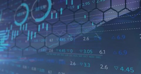Virtual finance dashboard showing market data with neon hex grid and holographic overlays