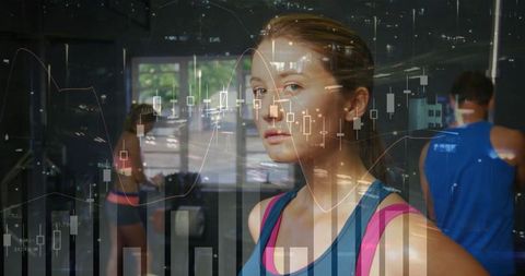 Determined Woman Exercise Overlayed with Financial Growth Charts