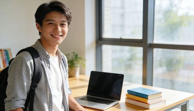 Smiling young student standing at desk with laptop and books by window daylight campus