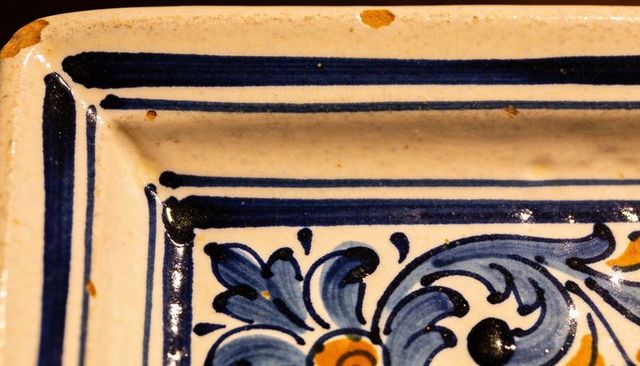 Hand-painted blue porcelain plate corner showing aged glaze, craquelure and floral border