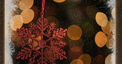 Festive Red Snowflake With Falling Snow and Warm Christmas Lights - Download Free Stock Images Pikwizard.com