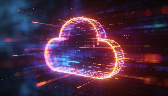 Neon cloud network emitting light streaks in futuristic 3d digital data grid holographic ai