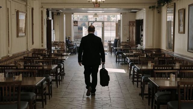 Businessman walking down sunlit restaurant aisle carrying wheeled suitcase, travel concept