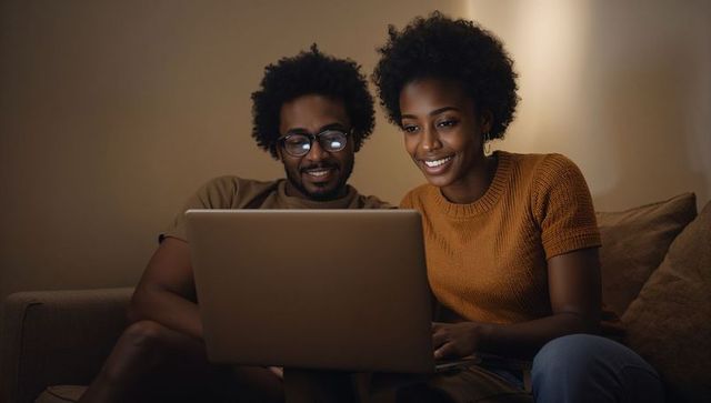 Couple sharing laptop on couch at night smiling and browsing together in cozy living room
