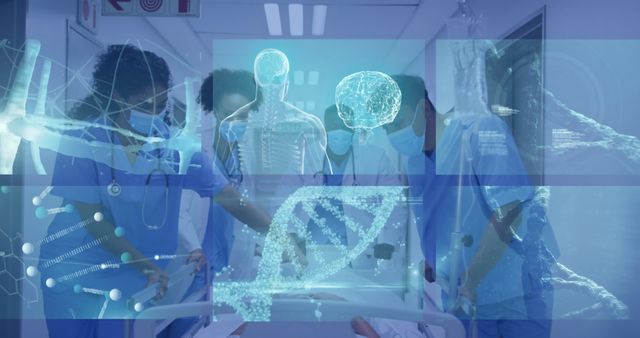 Image of digital screens over diverse doctor and nurses with face masks. medical and healthcare services during pandemic concept digitally generated image.