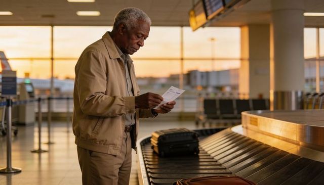 Senior traveler reading boarding pass at airport baggage claim during golden hour light