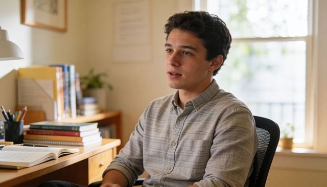 College student studying at home desk, sitting reading textbook by sunlit window