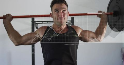 Muscular man lifting barbell in home gym while tracking performance data overlay