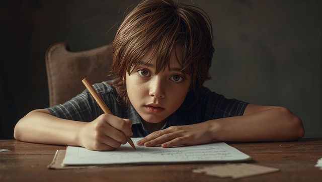 Focused young boy writing on paper in vintage home study area
