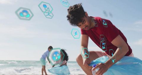 Family Collecting Beach Litter Promoting Environmental Responsibility