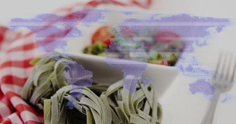 Spinach Tagliatelle and World Map Illustration on Culinary Background