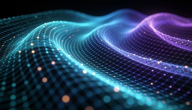 Flowing neon wireframe mesh with glowing particle trails in cyan teal violet