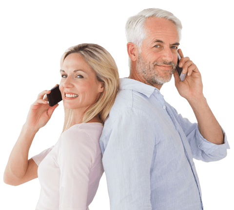 Mature smiling couple chatting on transparent phones concept