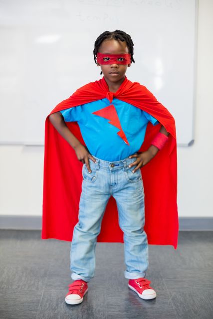 Portrait of boy standing with hand on hip pretending to be a superhero
