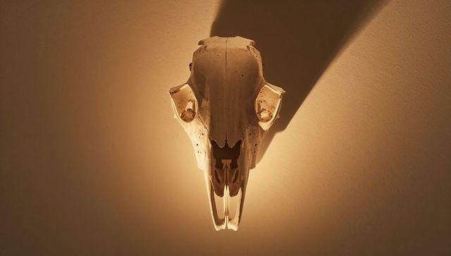 Mounted animal skull backlit on warm plaster wall casting dramatic upward shadow