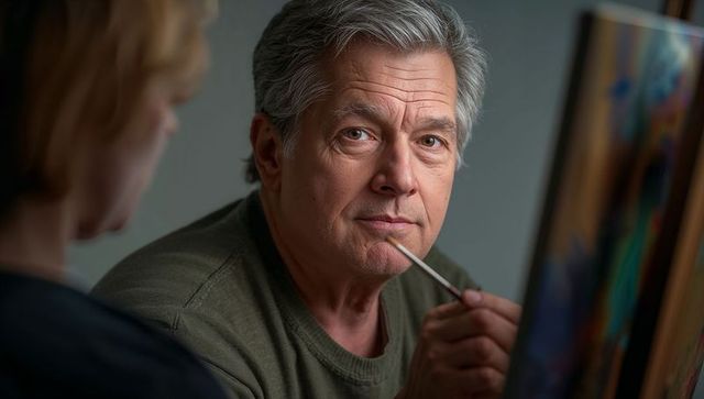 Senior male artist holding paintbrush near mouth reflecting while painting on canvas