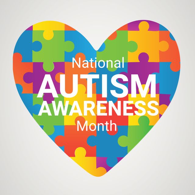 Composition of national autism awareness month text and heart with multi colored puzzle pieces. National autism awareness month and mental health awareness concept digitally generated image.