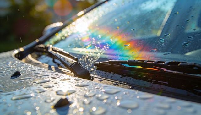 Windshield wipers reflecting rainbow sunlight on wet car hood with water droplets