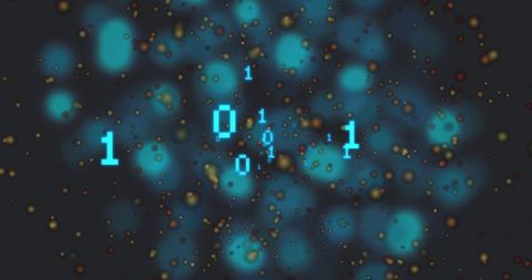 Floating cyan binary digits over teal bokeh and gold particles for digital data visualization