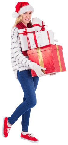 Festive Woman Carrying Christmas Gifts Transparent Background