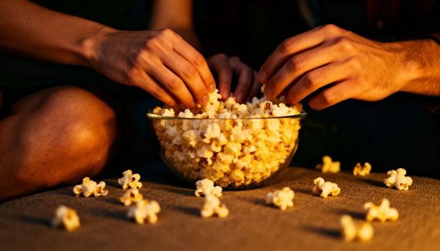 Couple sharing popcorn on couch at night, hands reaching into glass bowl of buttered snack