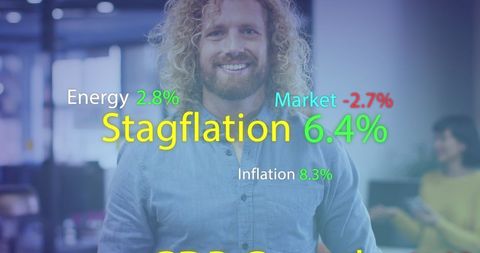 Businessman in Modern Office with Financial Data Overlay