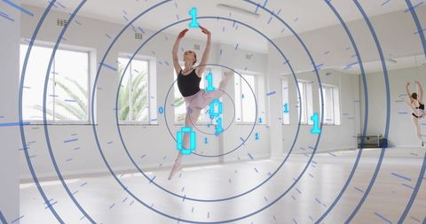 Ballet dancer leaping through augmented reality motion rings in sunlit studio