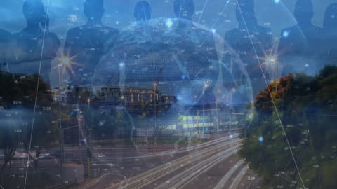 Futuristic Globe and Silhouettes Over Cityscape Illumination