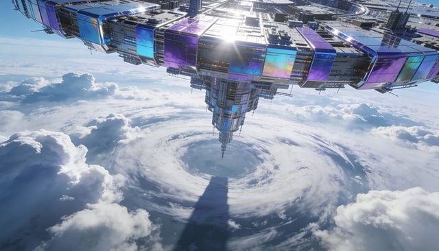 Orbiting iridescent ring station extending spire into storm vortex over cloud deck