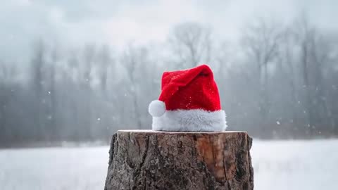 Santa Hat Resting on Tree Stump in Snowy Field, Gentle Snowfall Footage for Holiday Scenes