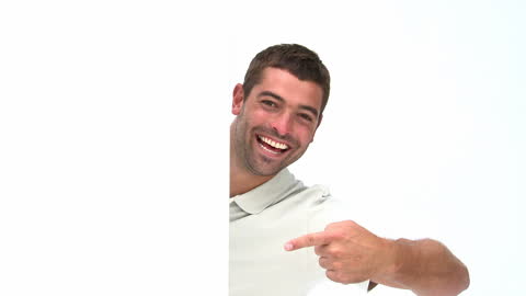Smiling Man Presenting Blank White Board