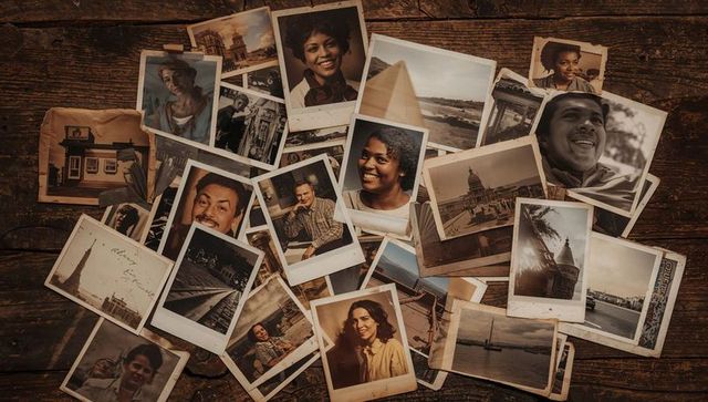 Vintage polaroid collage on rustic wood evoking nostalgia, travel memories and portraits