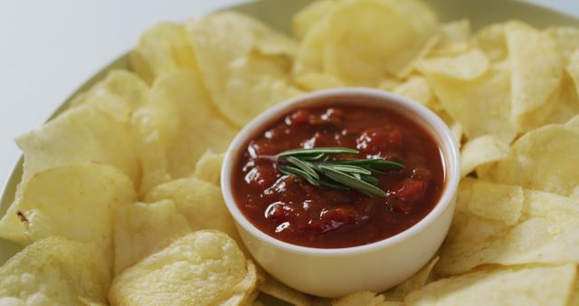 Enjoy a savory snack featuring a bowl of zesty tomato salsa garnished with a fresh rosemary sprig, surrounded by crispy potato chips. Great for party appetizers, game day snacks, or casual gatherings.