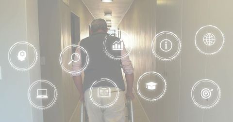 Senior man walking with walker in care corridor with digital health and mobility icons
