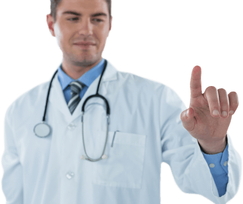 Transparent doctor touching digital interface screen