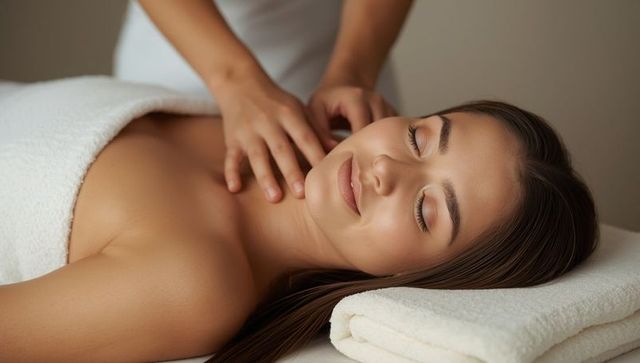 Woman relaxing with spa chest and shoulder massage in relaxed setting