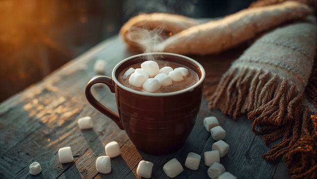 Cozy Scene with Hot Cocoa Pursuing Autumn Warmth by Rustic Wood Setting