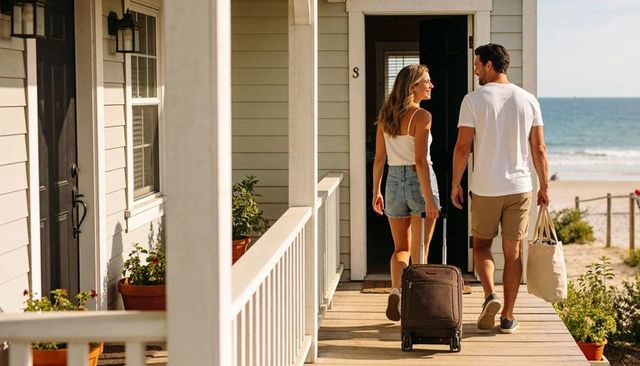 Couple walking toward seaside cottage pulling suitcase and carrying tote bag