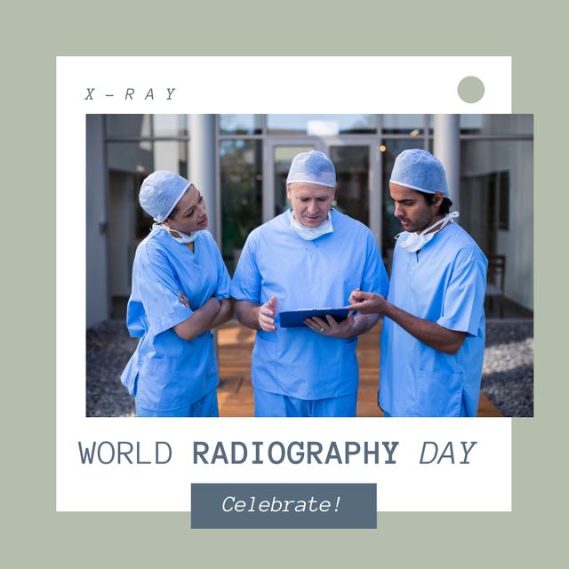 Photo showcasing a diverse group of healthcare professionals celebrating World Radiography Day by discussing X-ray results. This image is ideal for promoting medical events, illustrating teamwork among healthcare providers, and highlighting the importance of collaboration in patient care. Useful for medical blogs, healthcare marketing materials, and educational content related to radiography.