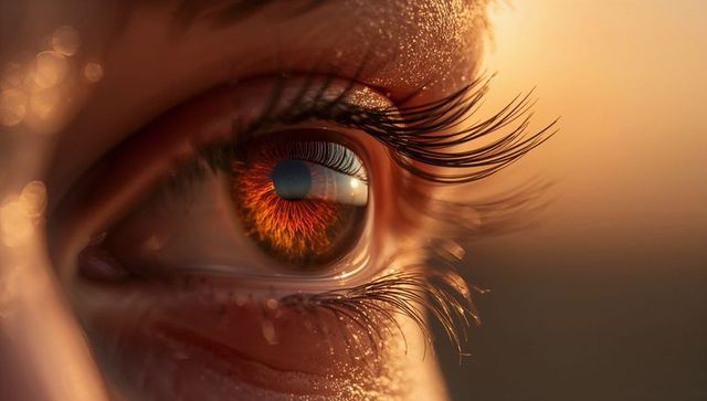 Macro eye capturing glowing amber iris reflecting sunlight, long lashes and detailed skin