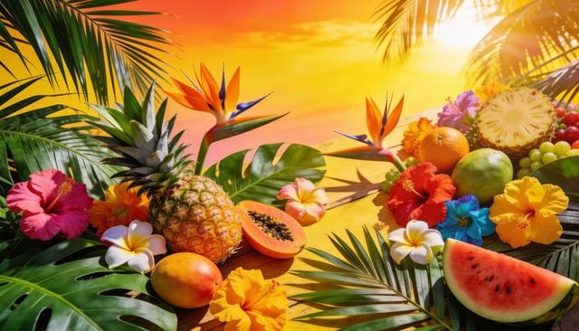 Sunset tropical fruit and flowers on wooden table with pineapple and papaya