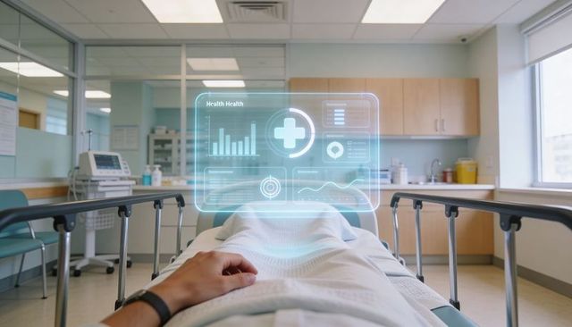 Patient viewing holographic health hud from gurney in hospital exam room with monitor