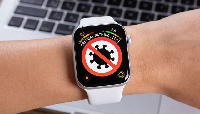 Smartwatch displaying critical pathic alert no virus symbol on wrist with white band